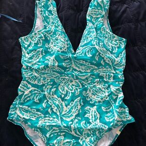 Floral Teal and White LLBean swimsuit